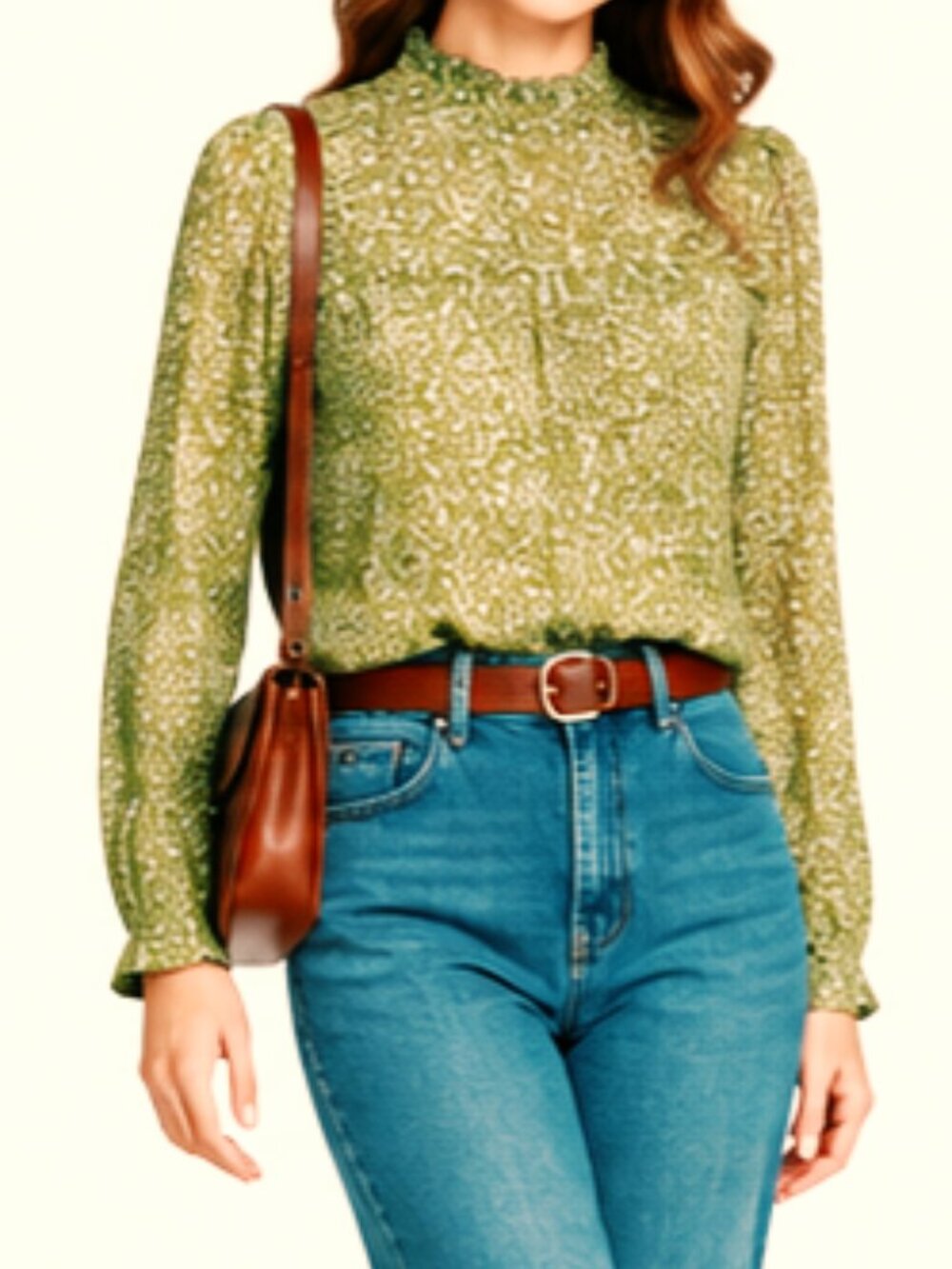 Ruffled High-Neck Olive Green Floral Blouse